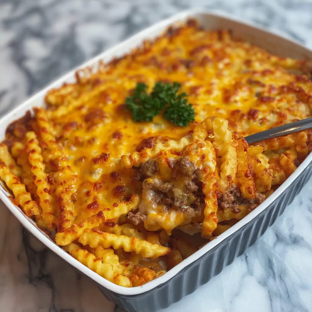 A close-up view of a baked cheeseburger and french fry casserole in a grey dish, with a spoon lifting out a cheesy portion of ground beef and crinkle-cut fries