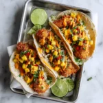 An overhead view of three golden-brown coconut shrimp tacos on a metal tray, generously topped with fresh mango salsa, a creamy orange sauce, and cilantro, with lime wedges on the side