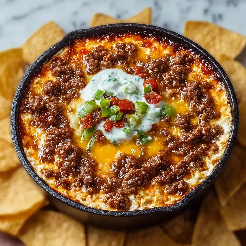 An overhead view of a hot Meaty Texas Trash Dip in a cast iron skillet, featuring seasoned ground beef, melted cheese, and a central dollop of sour cream with green onions and diced tomatoes, surrounded by tortilla chips