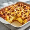 A freshly baked Pancake egg sausage casserole in a white dish, with a slice removed to show the fluffy, savory interior