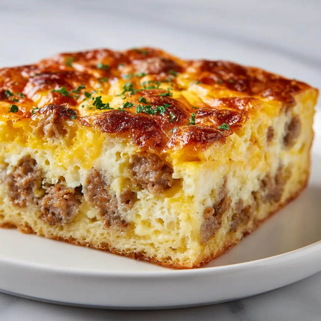 A close-up of a square slice of Pancake egg sausage casserole on a white plate, showing its fluffy texture and savory sausage