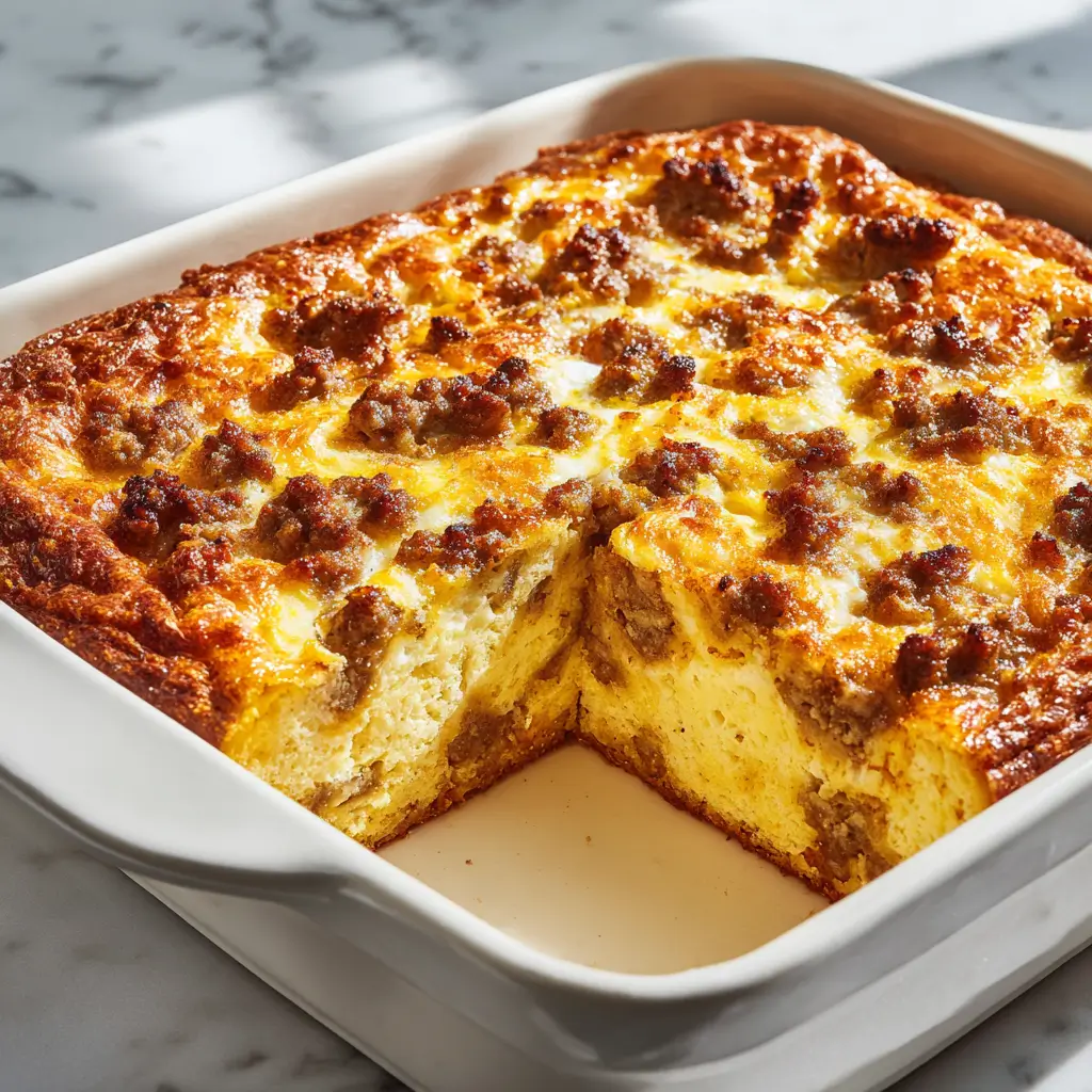 A freshly baked Pancake egg sausage casserole in a white dish, with a slice removed to show the fluffy, savory interior