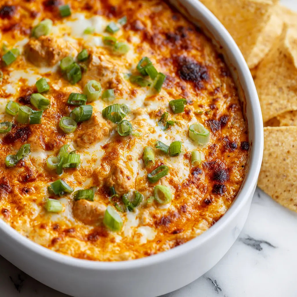 A close-up of a white baking dish filled with hot and cheesy cottage cheese buffalo chicken dip, sprinkled with fresh green onions, with a pile of tortilla chips on the side.