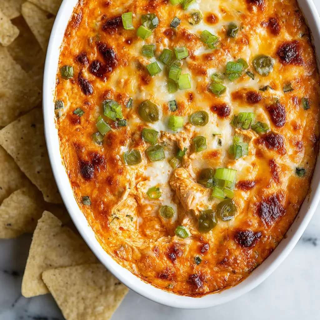 An overhead view of baked cottage cheese buffalo chicken dip in a white oval casserole dish, topped with melted cheese, chopped green onions, and jalapeños, with tortilla chips arranged to the side.
