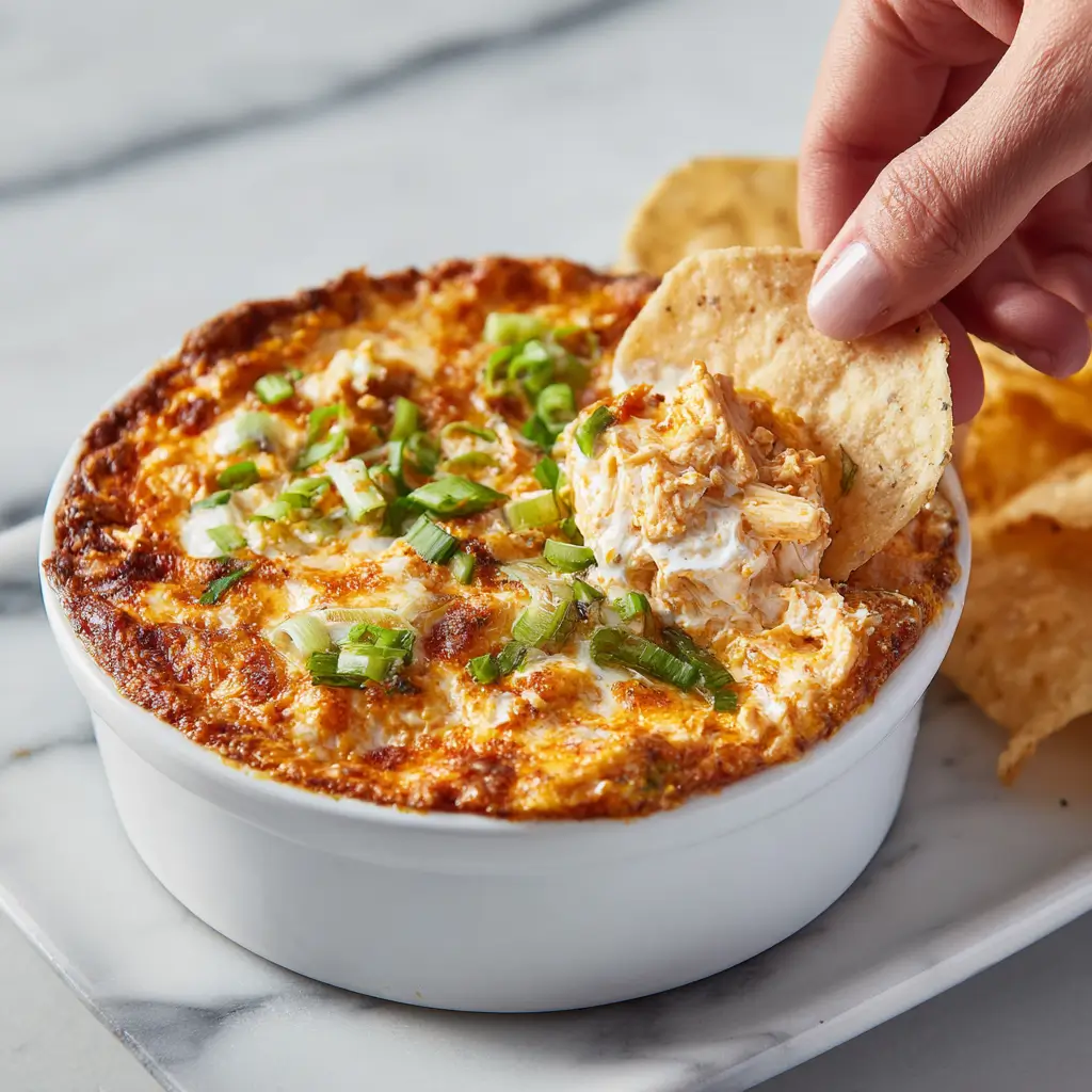 A close-up shot of a white bowl filled with creamy, baked cottage cheese buffalo chicken dip, garnished with fresh green onions, with a hand dipping a tortilla chip into it.