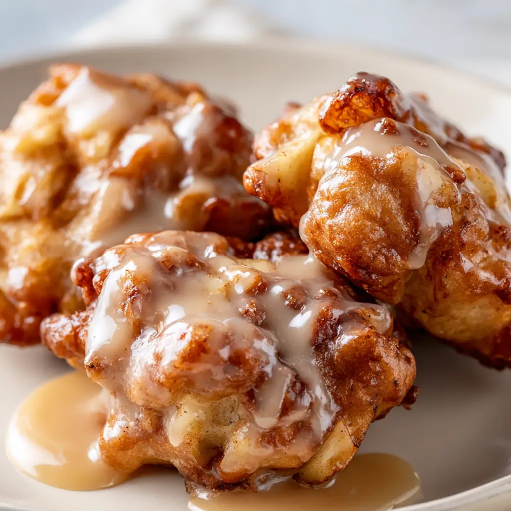 A close-up shot of three golden-brown, crispy air fryer apple fritters on a cream-white plate, generously drizzled with a sweet vanilla glaze.
