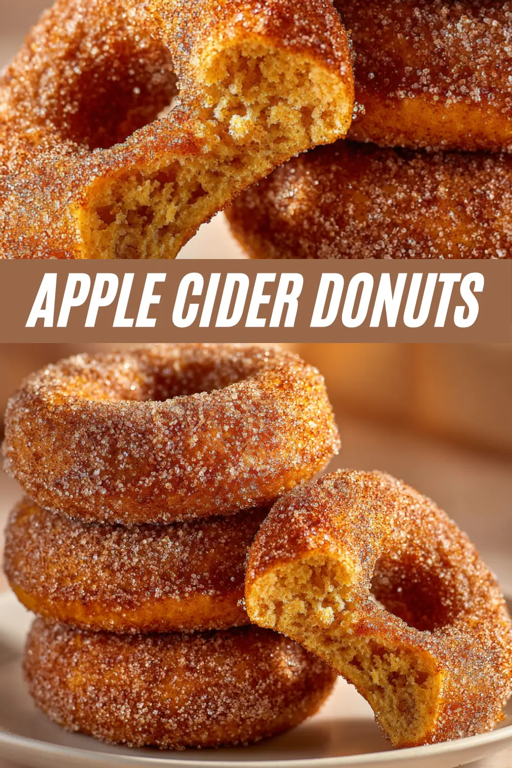 A recipe pin graphic for "Apple Cider Donuts." The image is split into two sections with a text overlay. The top photo is a close-up of the soft, cake-like interior of a donut, while the bottom photo shows a stack of cinnamon-sugar-coated apple cider donuts on a white plate.