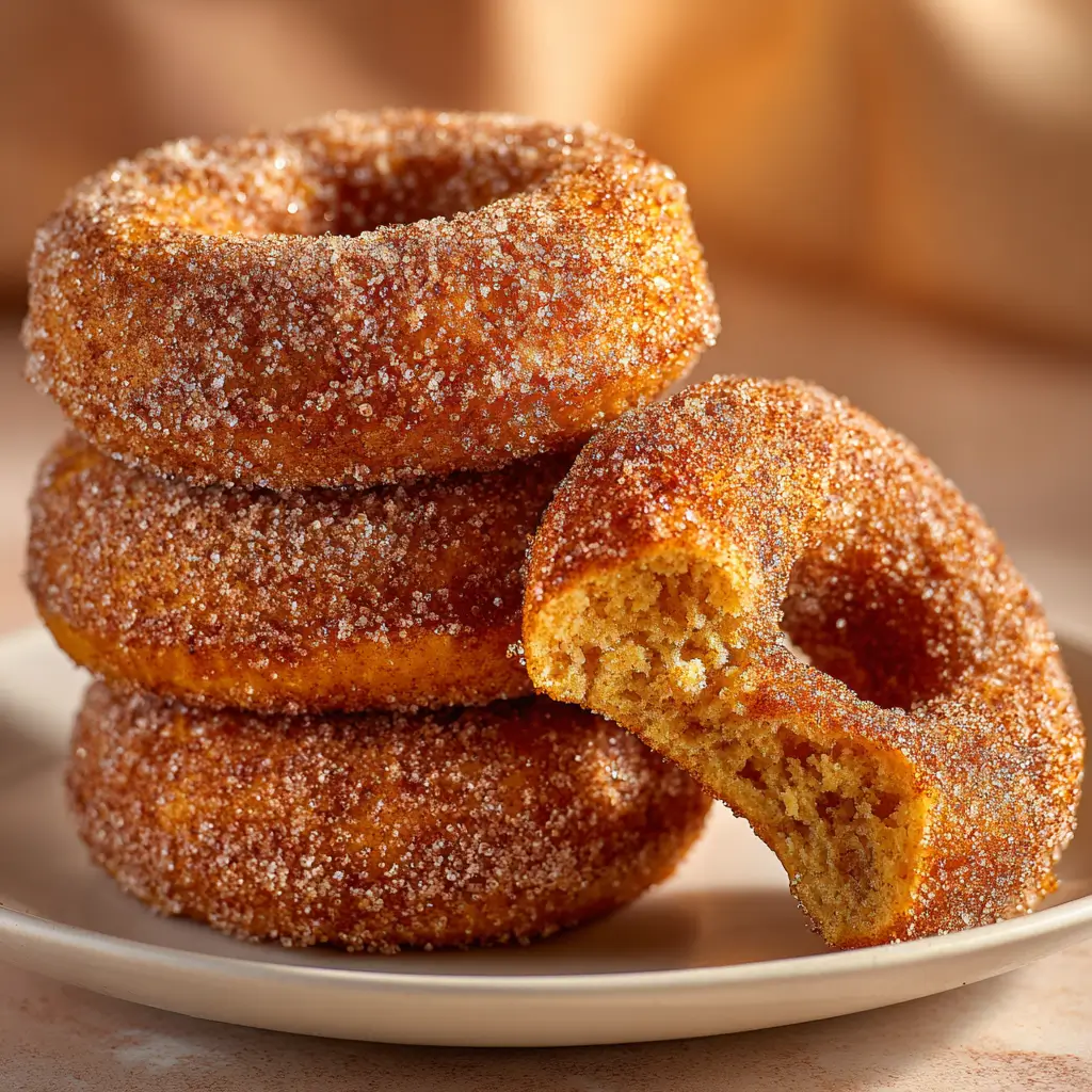 A close-up of four baked apple cider donuts stacked on a cream-white plate. The donuts are generously coated in sparkling cinnamon sugar. One donut leans against the stack with a bite taken out, showing its soft, cake-like texture. The lighting is warm, creating an inviting, autumnal feel.