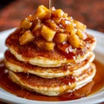A close-up shot of a stack of three fluffy apple cinnamon pancakes on a white plate. The pancakes are topped with a generous portion of warm, gooey, sautéed cinnamon apples. Maple syrup is being poured over the top, drizzling down the sides and pooling on the plate.