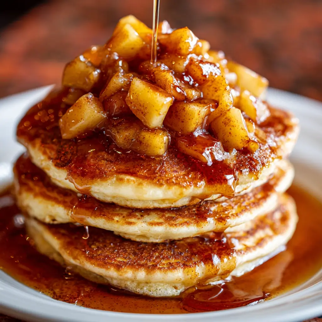 A close-up shot of a stack of three fluffy apple cinnamon pancakes on a white plate. The pancakes are topped with a generous portion of warm, gooey, sautéed cinnamon apples. Maple syrup is being poured over the top, drizzling down the sides and pooling on the plate.