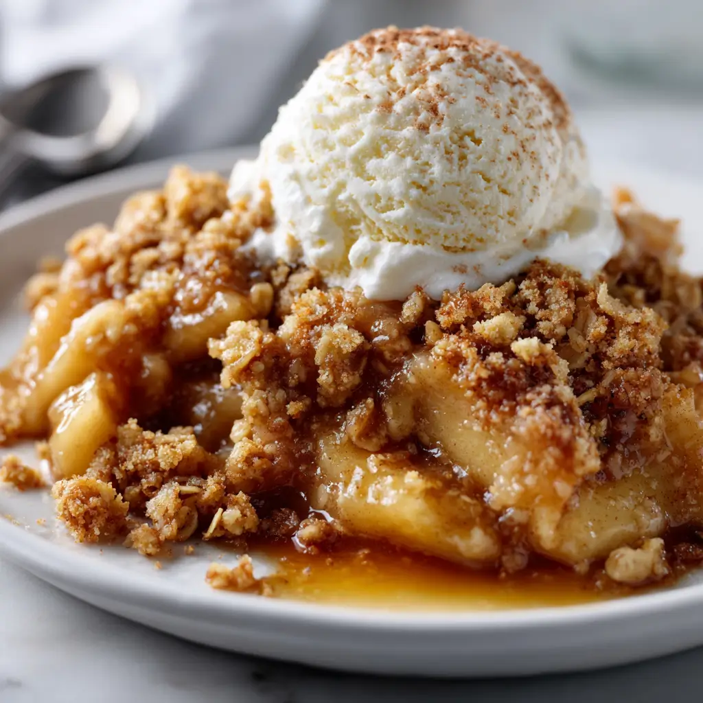 A close-up of a serving of warm apple crisp on a white plate, topped with a scoop of melting vanilla ice cream and a dusting of cinnamon.
