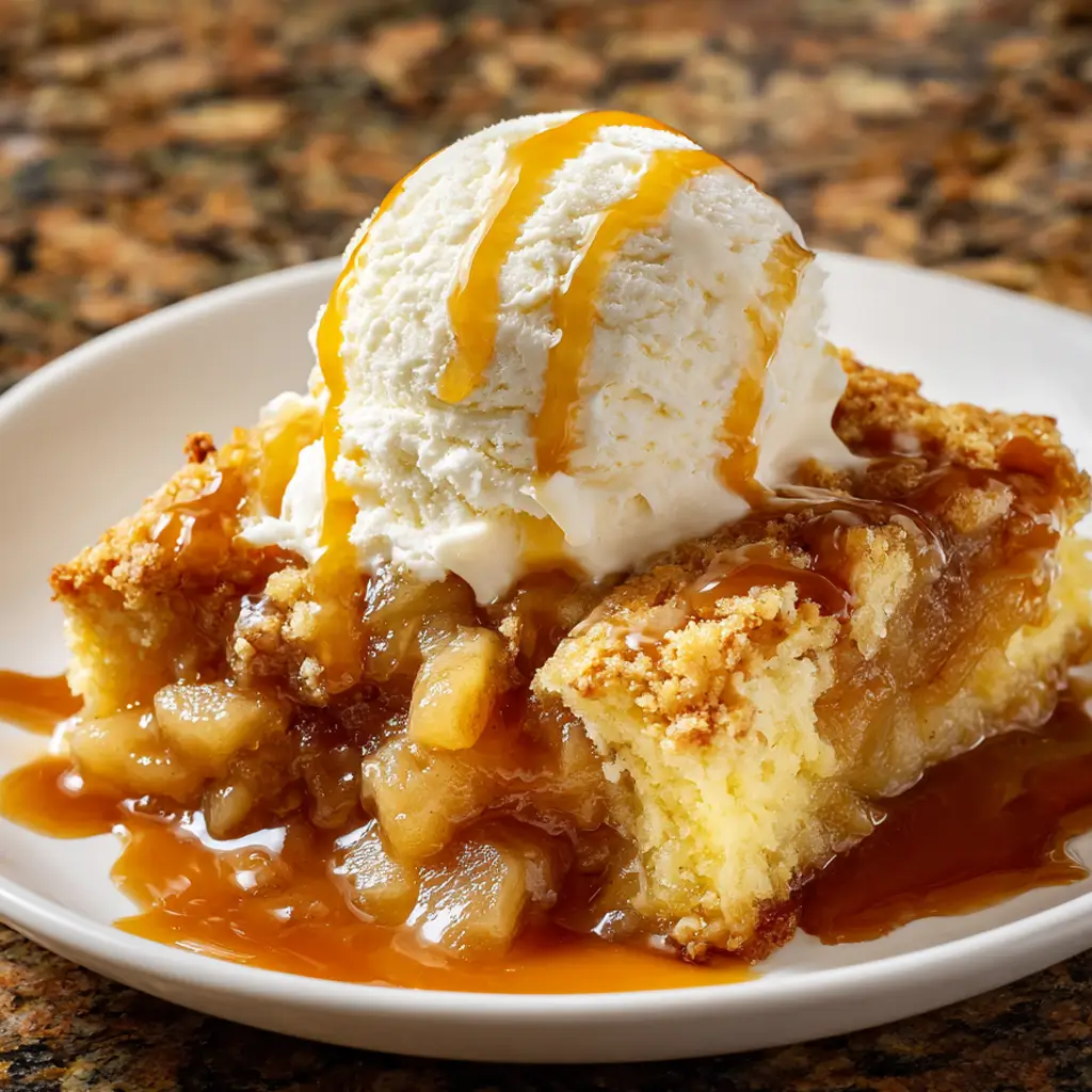 A slice of warm apple dump cake on a white plate, topped with a generous scoop of vanilla ice cream and drizzled with caramel sauce.