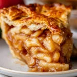 A close-up shot of a warm, golden-brown slice of classic apple pie on a plate, revealing a thick, gooey filling of spiced apples and a perfectly flaky crust.