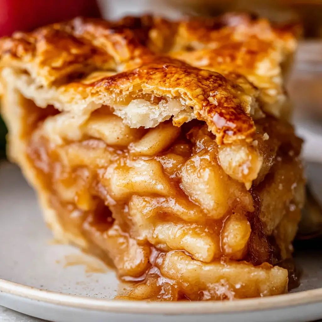 A close-up shot of a warm, golden-brown slice of classic apple pie on a plate, revealing a thick, gooey filling of spiced apples and a perfectly flaky crust.