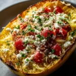 A close-up of a roasted spaghetti squash half filled with baked feta cheese, burst cherry tomatoes, and fresh herbs.