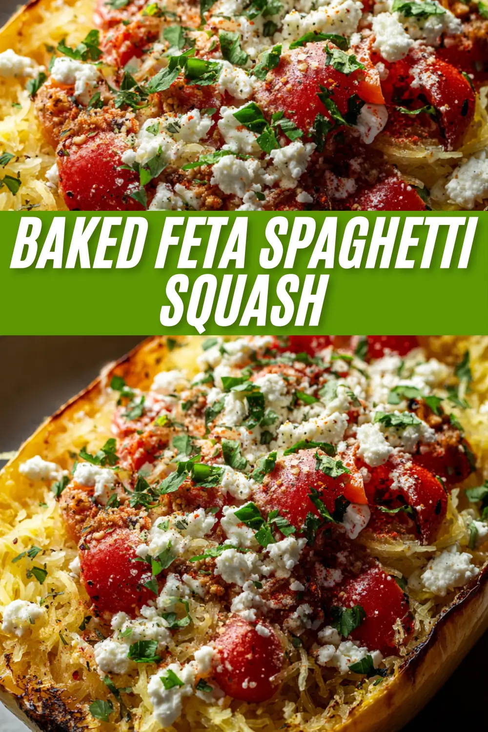 A two-panel recipe image for Baked Feta Spaghetti Squash, showing close-ups of the finished low-carb dish with tomatoes and feta cheese.