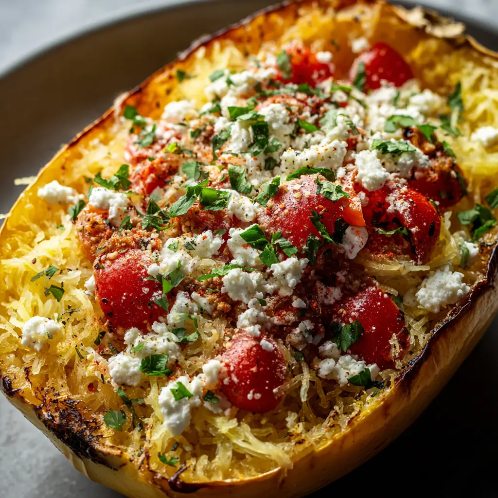 A close-up of a roasted spaghetti squash half filled with baked feta cheese, burst cherry tomatoes, and fresh herbs.