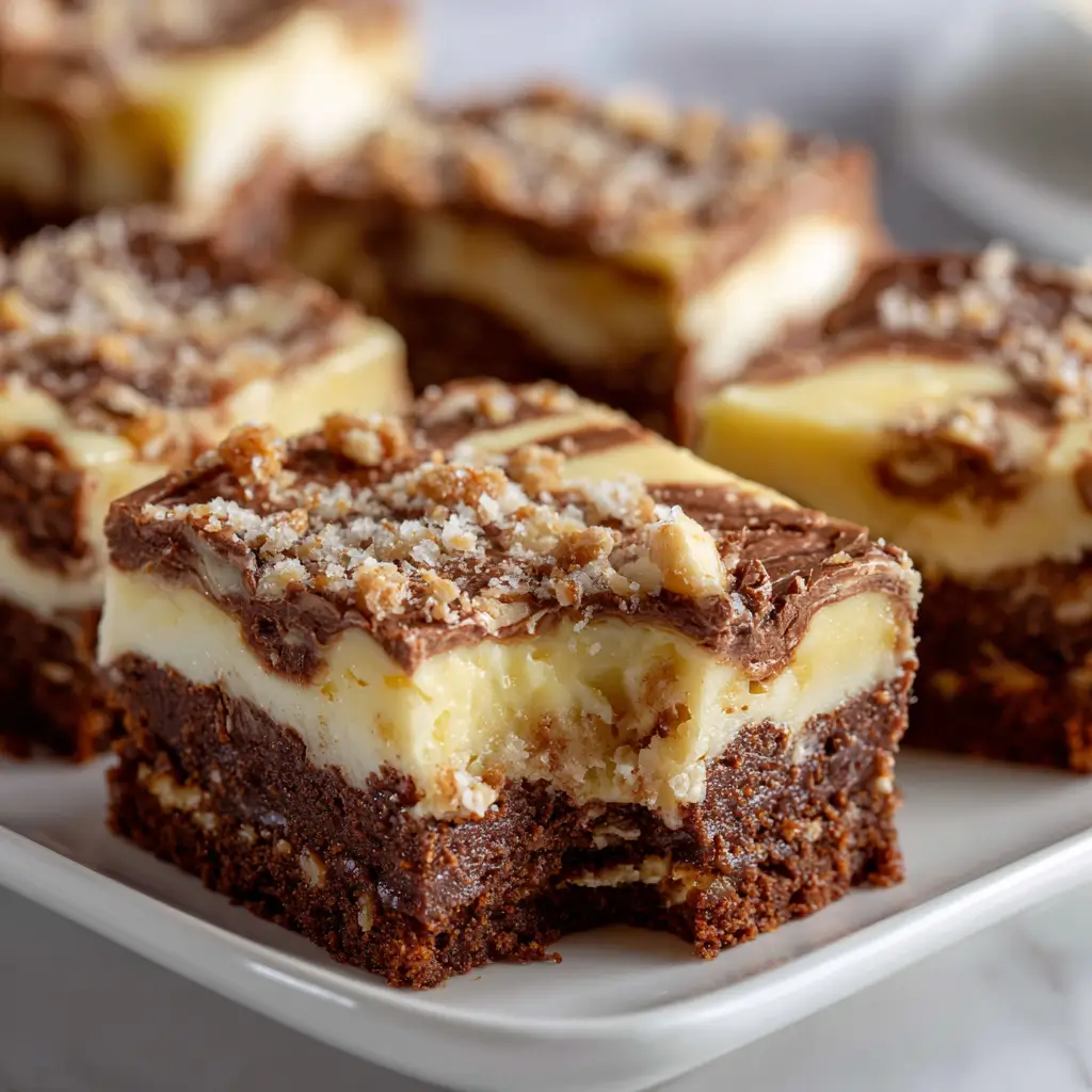 A close-up shot of a plate of rich, multi-layered banana pudding brownies with a bite taken out of the front piece, showing the distinct layers of fudgy brownie, creamy banana pudding, and a chocolate topping with a cookie crumble.