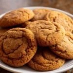 A close-up shot of a pile of big, soft ginger cookies on a cream-white plate. The cookies are round with beautifully crackled tops and a sparkling sugar coating.