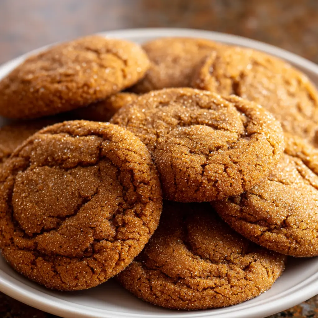 A close-up shot of a pile of big, soft ginger cookies on a cream-white plate. The cookies are round with beautifully crackled tops and a sparkling sugar coating.