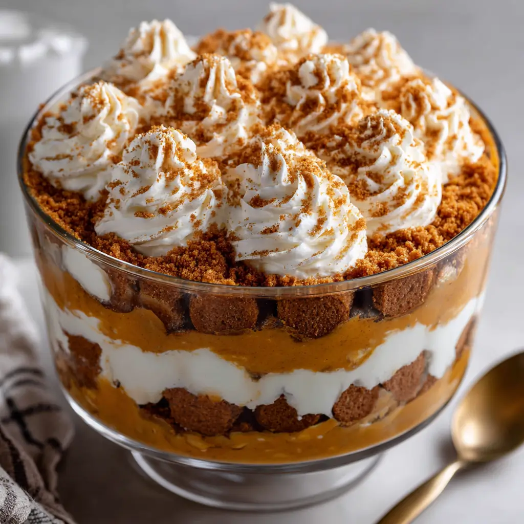 A stunning Biscoff Pumpkin Trifle layered in a large glass bowl, featuring layers of spiced pumpkin, creamy cheesecake filling, and Biscoff cookies, topped with swirls of whipped cream and cookie crumbles.