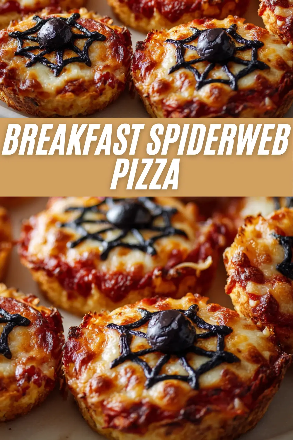 A recipe collage for Breakfast Spiderweb Pizza, showing close-ups of mini pizza bites decorated with black olive spiders and spooky web designs.