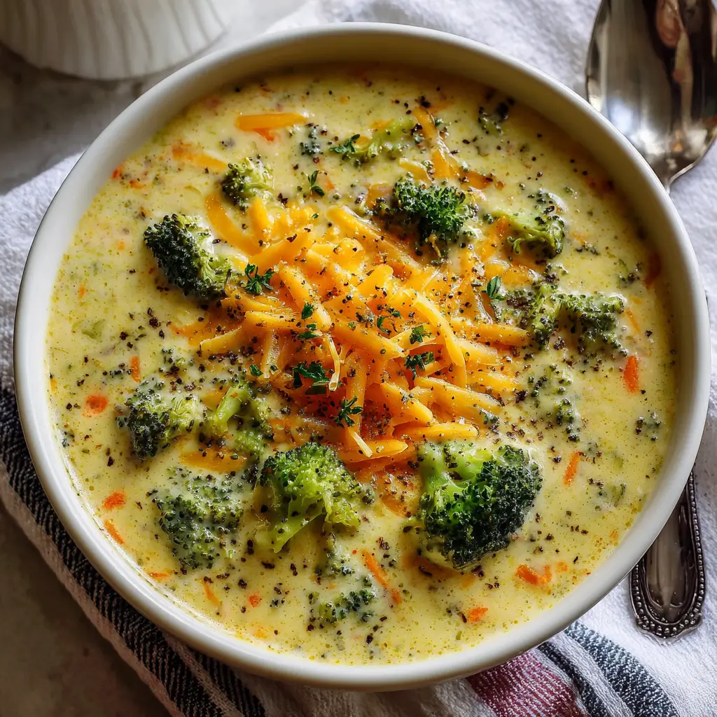 A white bowl of creamy broccoli cheddar soup seen from above, garnished with shredded cheddar cheese, black pepper, and fresh thyme.