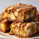 A close-up, stacked view of three chewy brown butter apple blondies on a cream-white plate. The blondies are filled with tender apple chunks and drizzled with a rich caramel glaze.