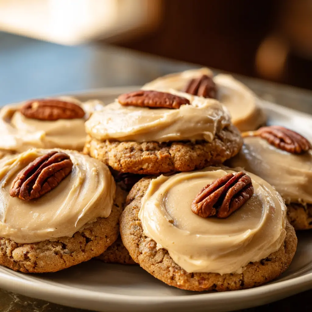A close-up of a plate of brown sugar pecan cookies, each generously topped with a swirl of creamy brown sugar frosting and garnished with a whole pecan.
