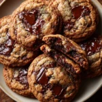 A top-down shot of a plate filled with buckwheat-cardamom chocolate chunk cookies, with one cookie broken in half to show the gooey, melted chocolate interior and the rich, dark crumb.