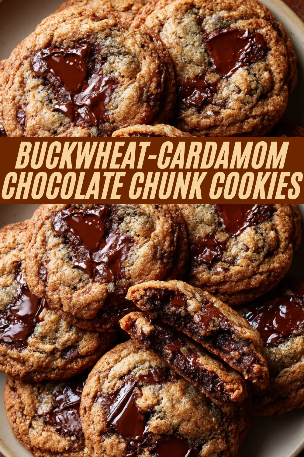 A Pinterest recipe pin collage for "Buckwheat-Cardamom Chocolate Chunk Cookies," showing close-up images of the nutty, gluten-free cookies filled with gooey, melted dark chocolate chunks.