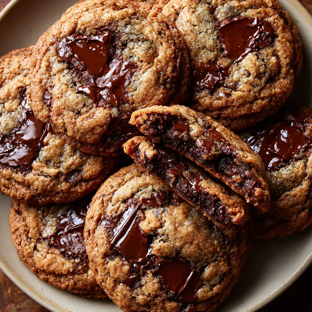 A top-down shot of a plate filled with buckwheat-cardamom chocolate chunk cookies, with one cookie broken in half to show the gooey, melted chocolate interior and the rich, dark crumb.