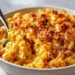 A close-up shot of a bowl of creamy butternut squash mac and cheese, topped with golden-brown toasted breadcrumbs, with a fork digging in to show the cheesy texture.