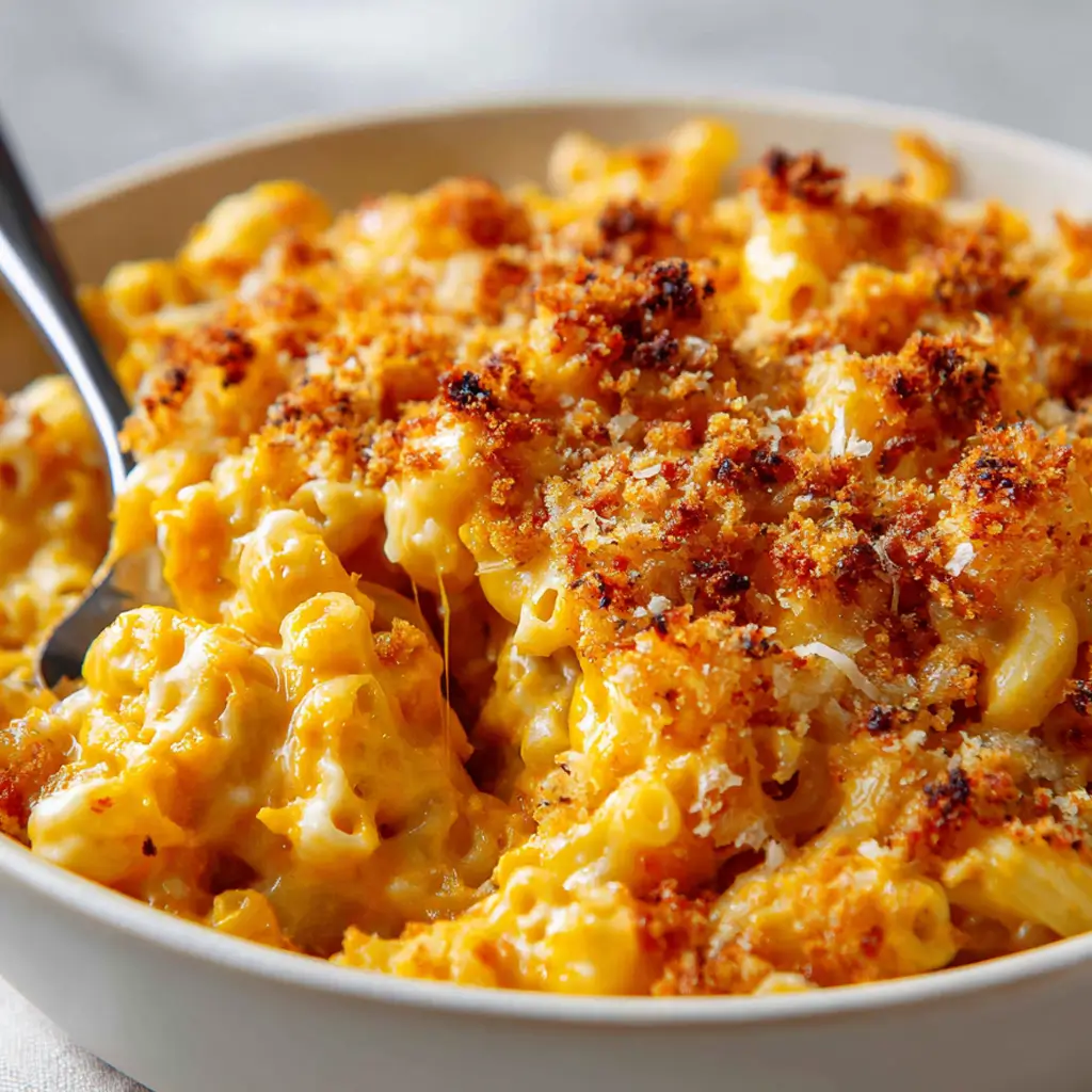 A close-up shot of a bowl of creamy butternut squash mac and cheese, topped with golden-brown toasted breadcrumbs, with a fork digging in to show the cheesy texture.