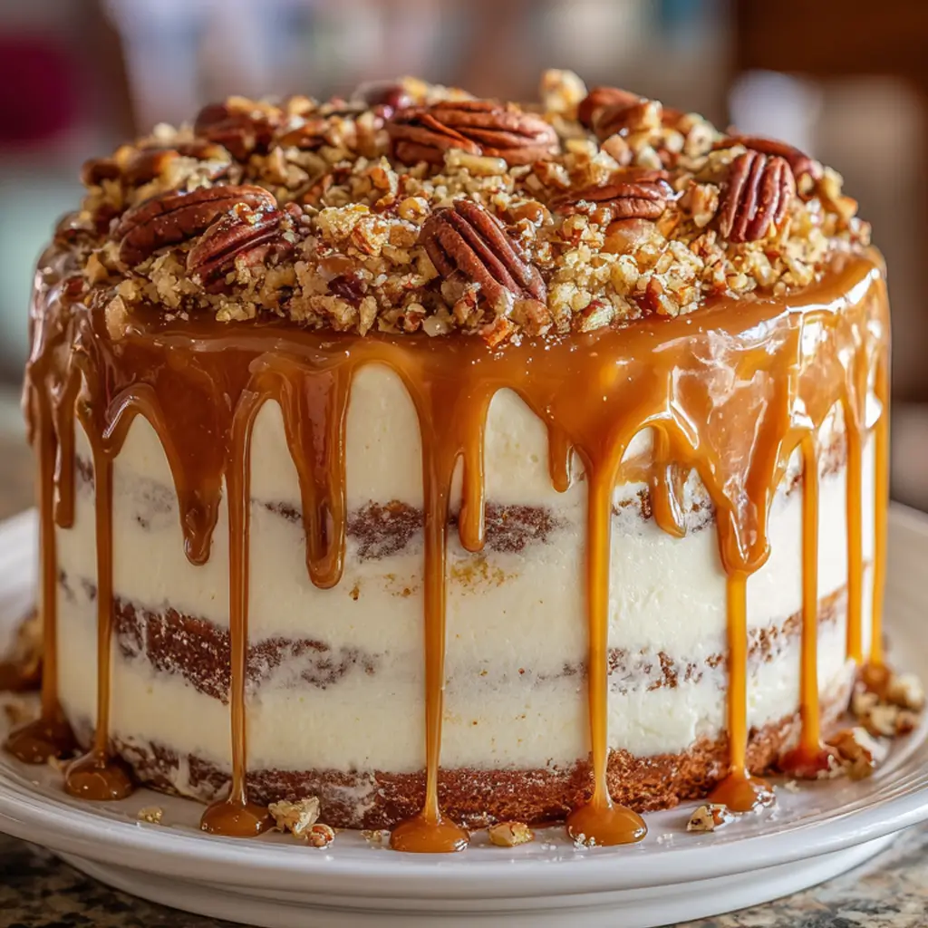 A close-up side view of a three-layer "naked" style caramel apple pecan cake on a white plate. The moist, spiced cake layers are separated by thick layers of white frosting. Rich caramel sauce is dripping down the sides, and the top is generously covered with chopped pecans and whole pecan halves.