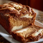 A close-up side view of a sliced loaf of chai spiced apple butter muffin bread, revealing a tender crumb and a ribbon of cream cheese filling, served on a white plate.