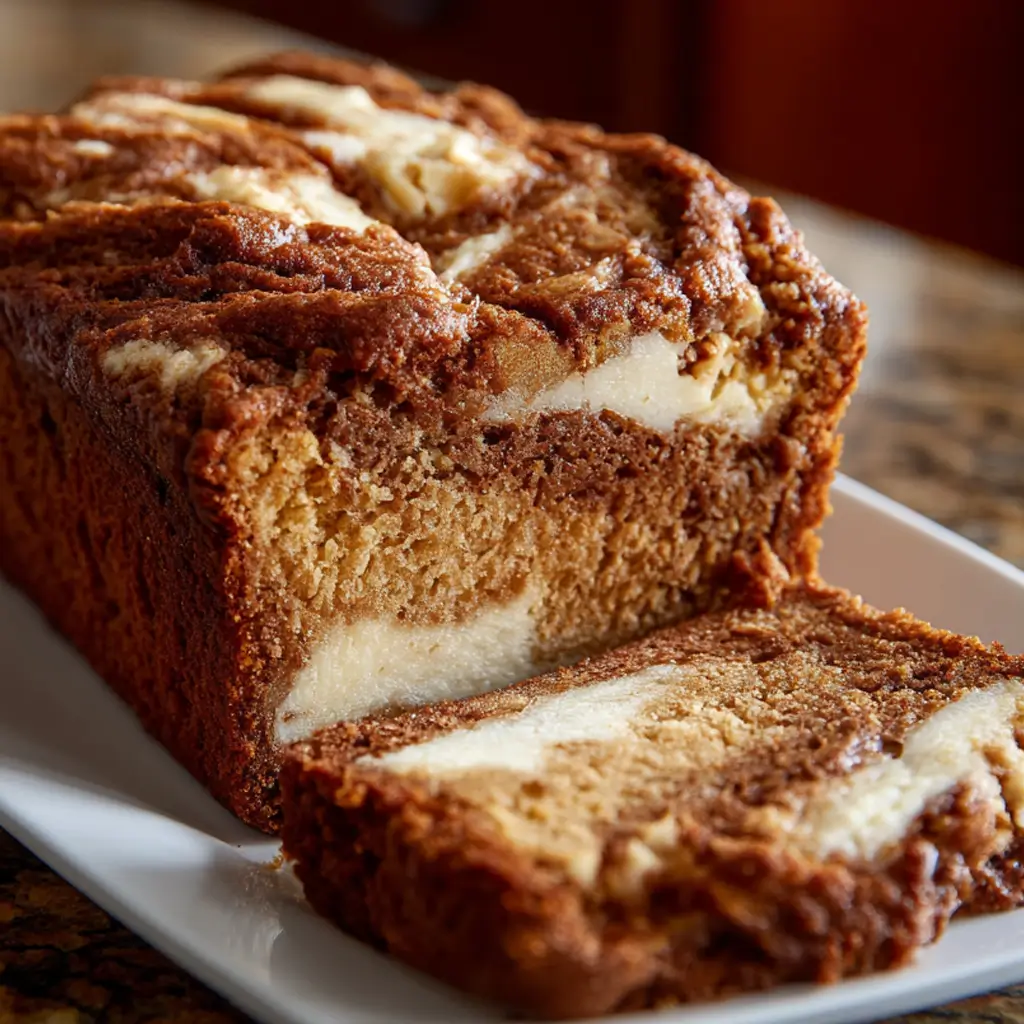 A close-up side view of a sliced loaf of chai spiced apple butter muffin bread, revealing a tender crumb and a ribbon of cream cheese filling, served on a white plate.