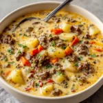 A close-up view of a cream-white bowl filled with creamy cheeseburger soup, featuring chunks of ground beef, potatoes, and diced carrots, garnished with fresh parsley, with a spoon resting in the bowl.