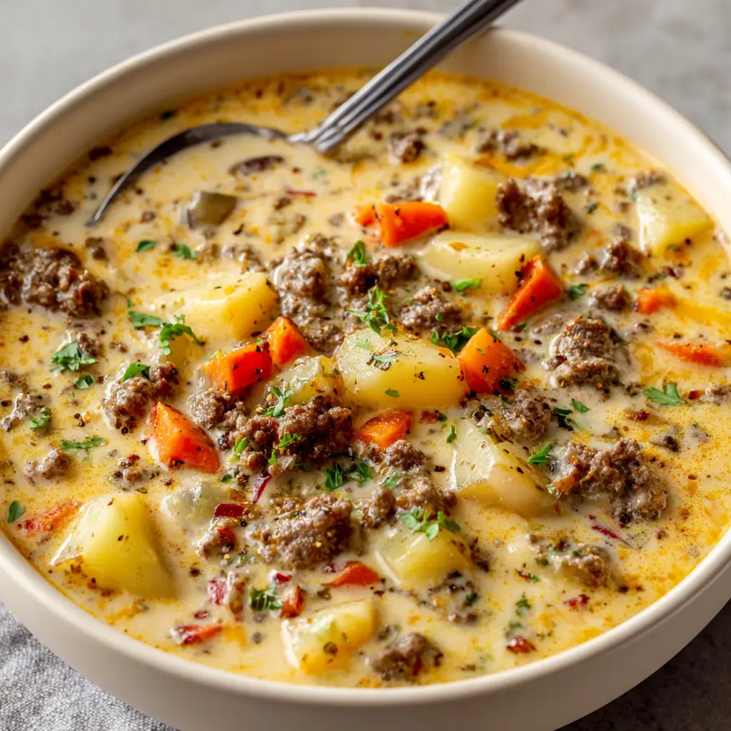 A close-up view of a cream-white bowl filled with creamy cheeseburger soup, featuring chunks of ground beef, potatoes, and diced carrots, garnished with fresh parsley, with a spoon resting in the bowl.