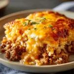 A close-up serving of cheesy ground beef and rice casserole on a plate, with a golden-brown melted cheese topping and a sprinkle of fresh parsley.