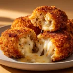 A close-up of golden-brown, crispy turkey croquettes on a plate, with one broken open to reveal a dramatic, gooey mozzarella cheese pull.