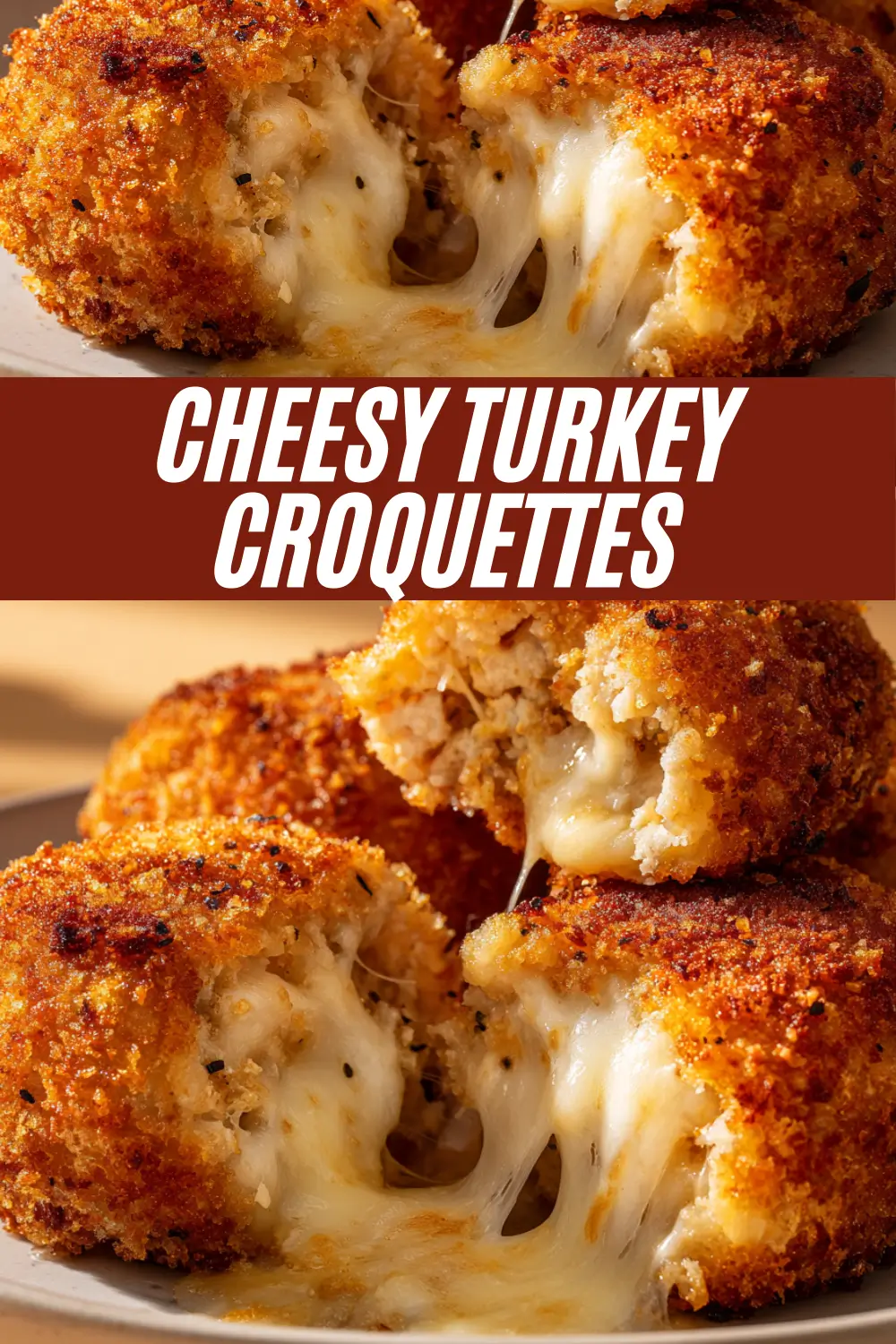 A Pinterest recipe card for Cheesy Turkey Croquettes, with a close-up image showing a crispy croquette broken open to reveal a gooey, melted cheese center.