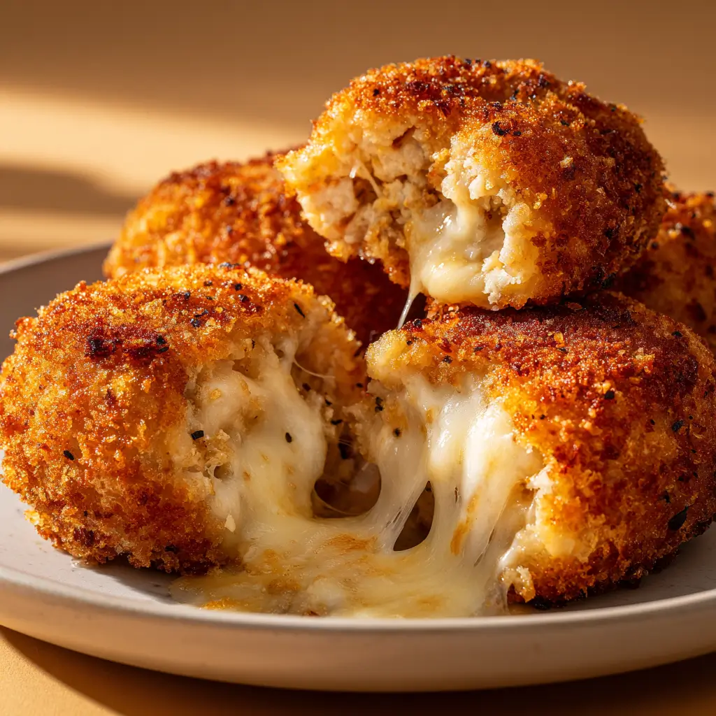 A close-up of golden-brown, crispy turkey croquettes on a plate, with one broken open to reveal a dramatic, gooey mozzarella cheese pull.