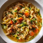 A close-up view of a white bowl filled with hearty, homemade chicken noodle soup, featuring tender shredded chicken, wide egg noodles, sliced carrots, celery, and fresh parsley in a golden broth.