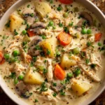 A close-up, overhead shot of a bowl of creamy chicken pot pie soup, filled with chunks of chicken, potatoes, carrots, peas, and mushrooms, and garnished with fresh parsley.