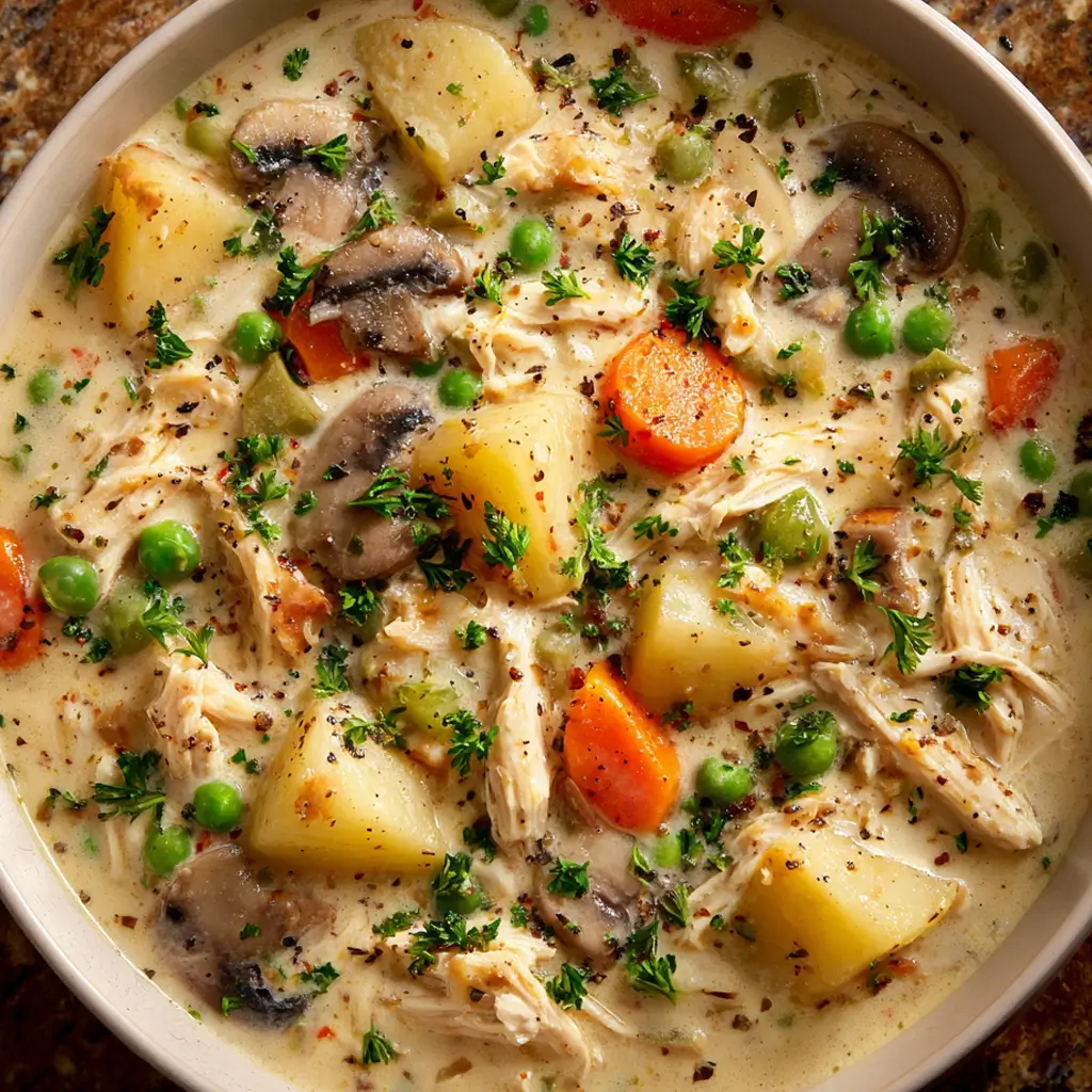 A close-up, overhead shot of a bowl of creamy chicken pot pie soup, filled with chunks of chicken, potatoes, carrots, peas, and mushrooms, and garnished with fresh parsley.