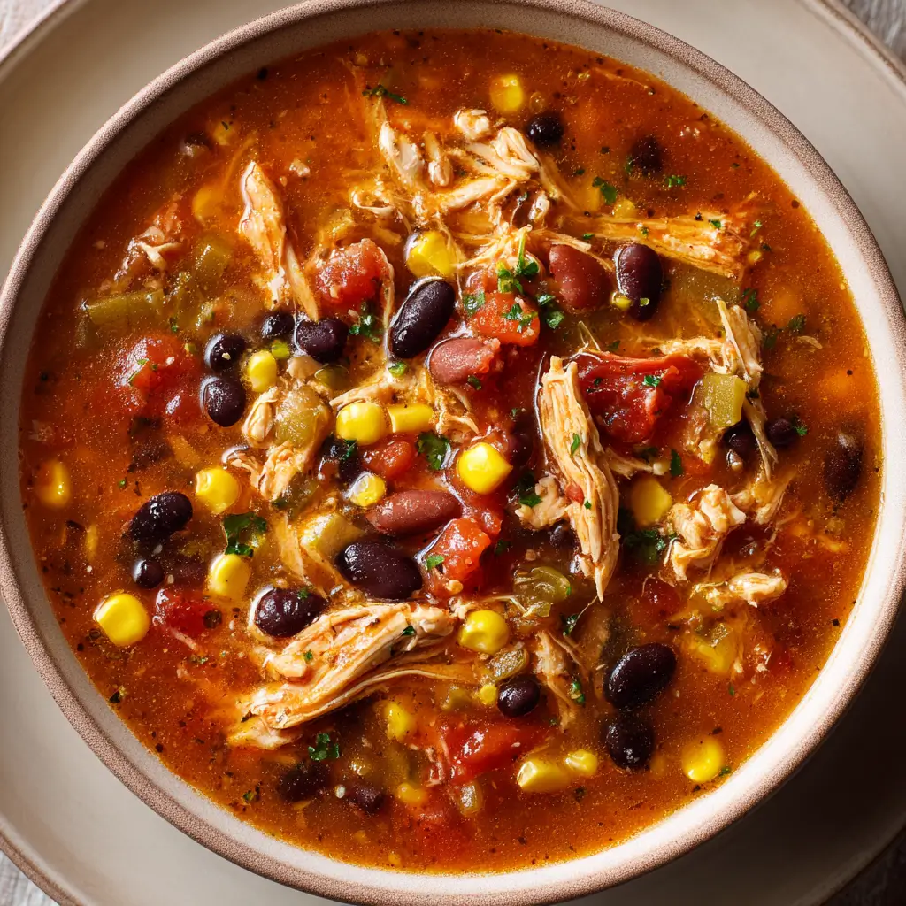 A close-up, overhead shot of a rustic bowl filled with hearty Chicken Taco Soup, showing shredded chicken, black beans, corn, and tomatoes in a savory broth.