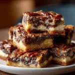A close-up shot of a stack of freshly baked chocolate pecan pie bars on a small white plate. The bars have a buttery shortbread crust, a creamy cheesecake-like layer, and a gooey, rich chocolate pecan pie filling on top. One bar is placed on top of the stack, showing a cross-section of the decadent layers.