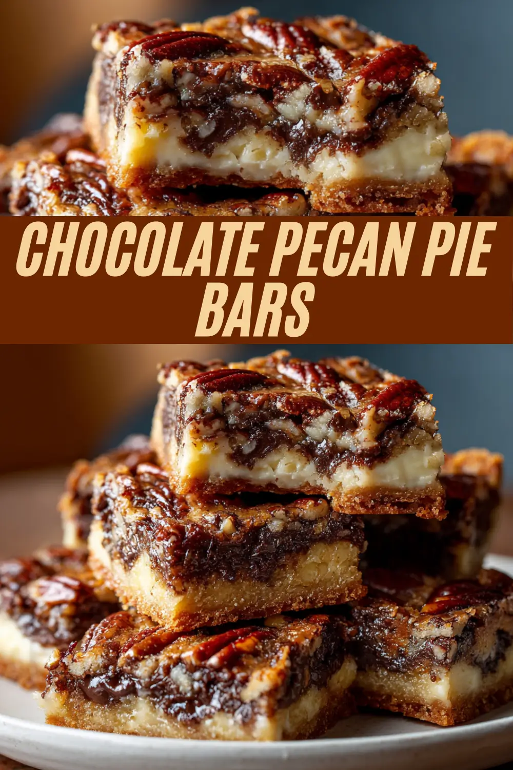 A Pinterest recipe pin for chocolate pecan pie bars. The image features a stack of gooey chocolate pecan bars with a buttery crust and a close-up showing the rich, layered interior. A text overlay reads, "Chocolate Pecan Pie Bars."