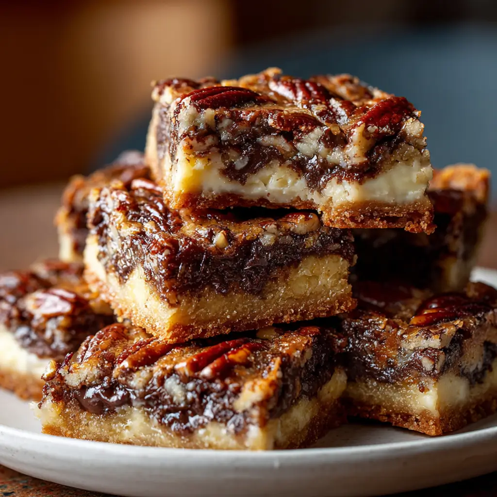 A close-up shot of a stack of freshly baked chocolate pecan pie bars on a small white plate. The bars have a buttery shortbread crust, a creamy cheesecake-like layer, and a gooey, rich chocolate pecan pie filling on top. One bar is placed on top of the stack, showing a cross-section of the decadent layers.